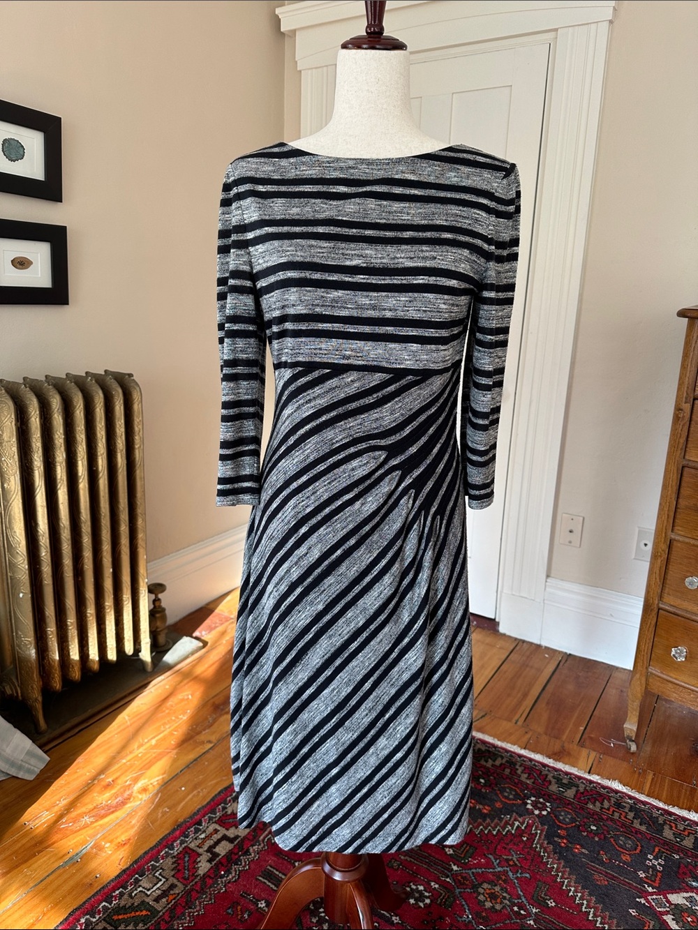 London Times Black and Gray Striped 3/4 Sleeve Knit Dress